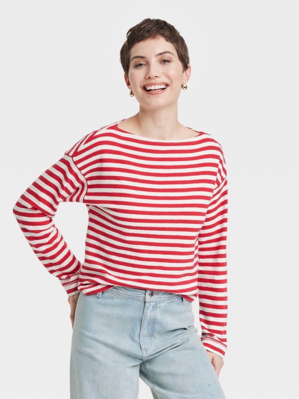 Women's Red and White Striped Boatneck Tee 100% cotton